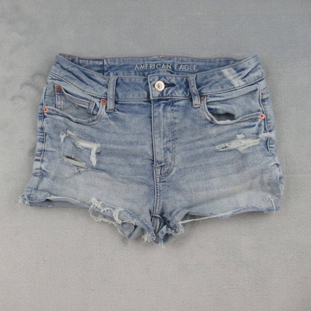 American Eagle High Rise Shortie Jean Shorts Light Wash Distressed Size 4 3404